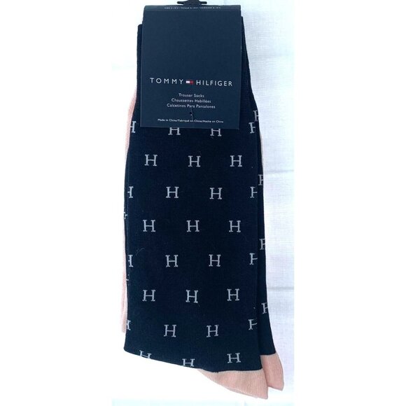 Tommy Hilfiger Trouser Socks One Size Blue Pink Logo Stretch Mid Calf Men New - Picture 1 of 5